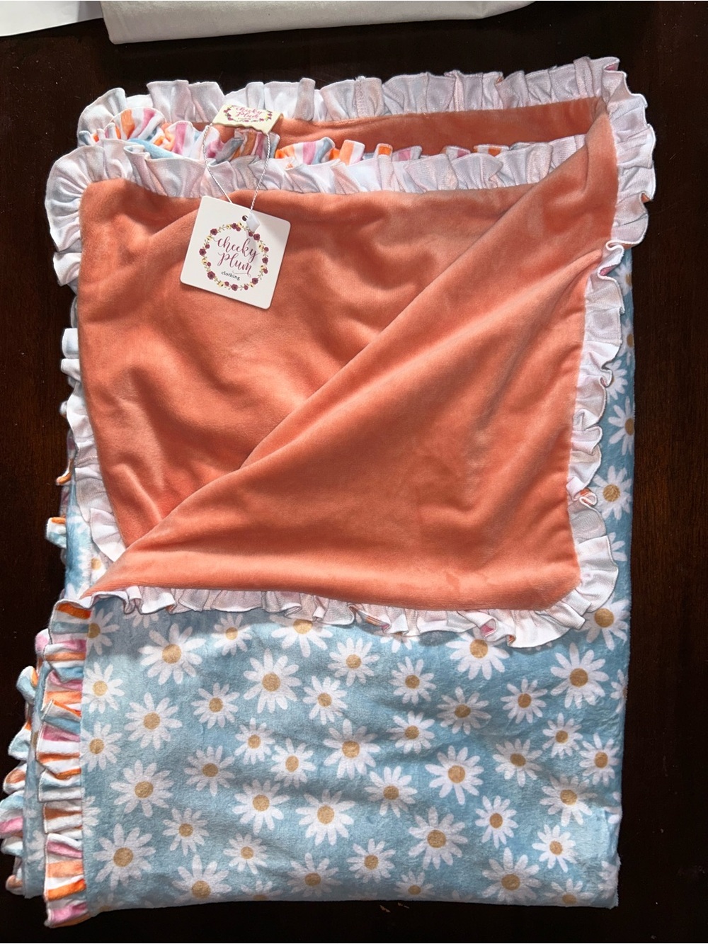 NWT Cheeky Plum Blue Orange Daisy Ruffle Blanket 30”x56”